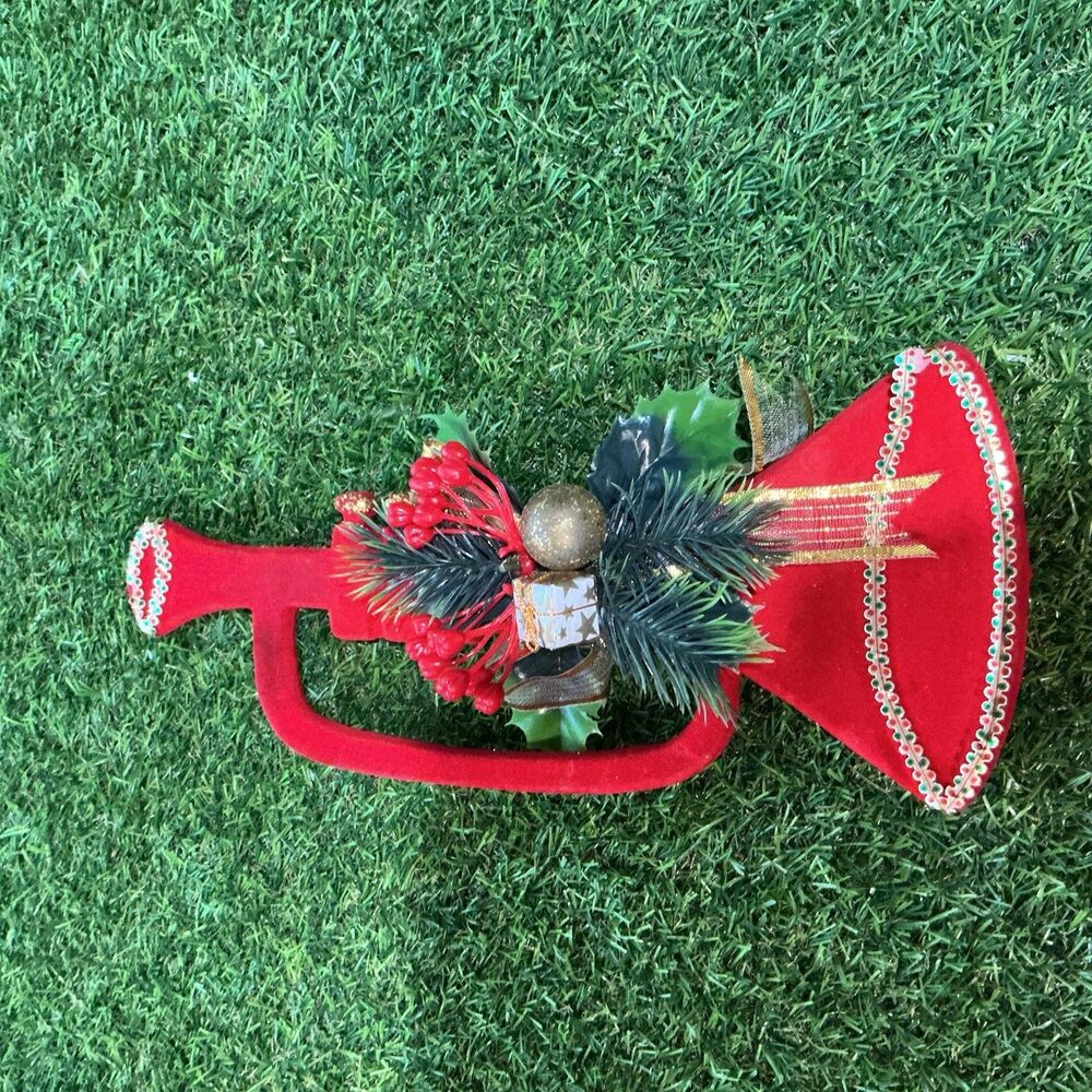 Red Flocked Christmas Trumpet Wall Hanging Holly Berries Pine Gold Trim 10.5”